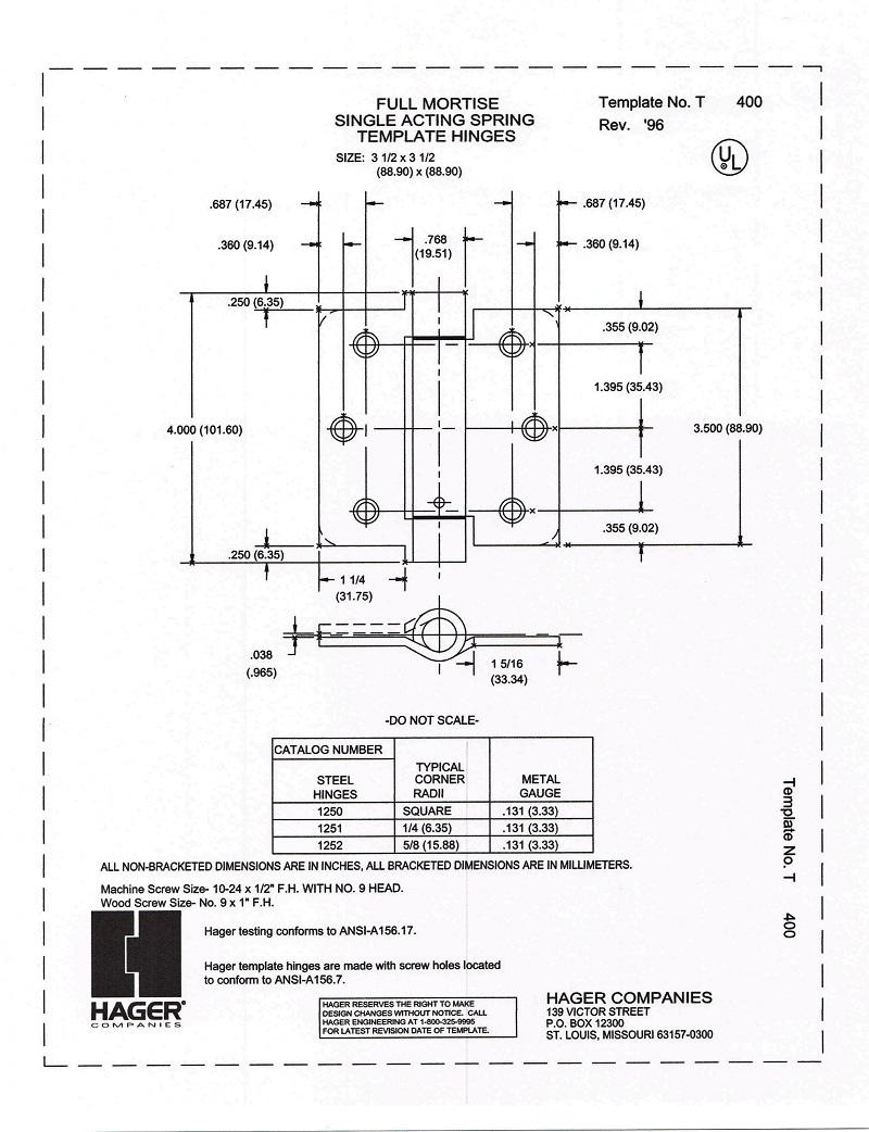 Hager 1251 3.5" x 3.5" Self Closing Hinge 1/4" Radius Corners 426r